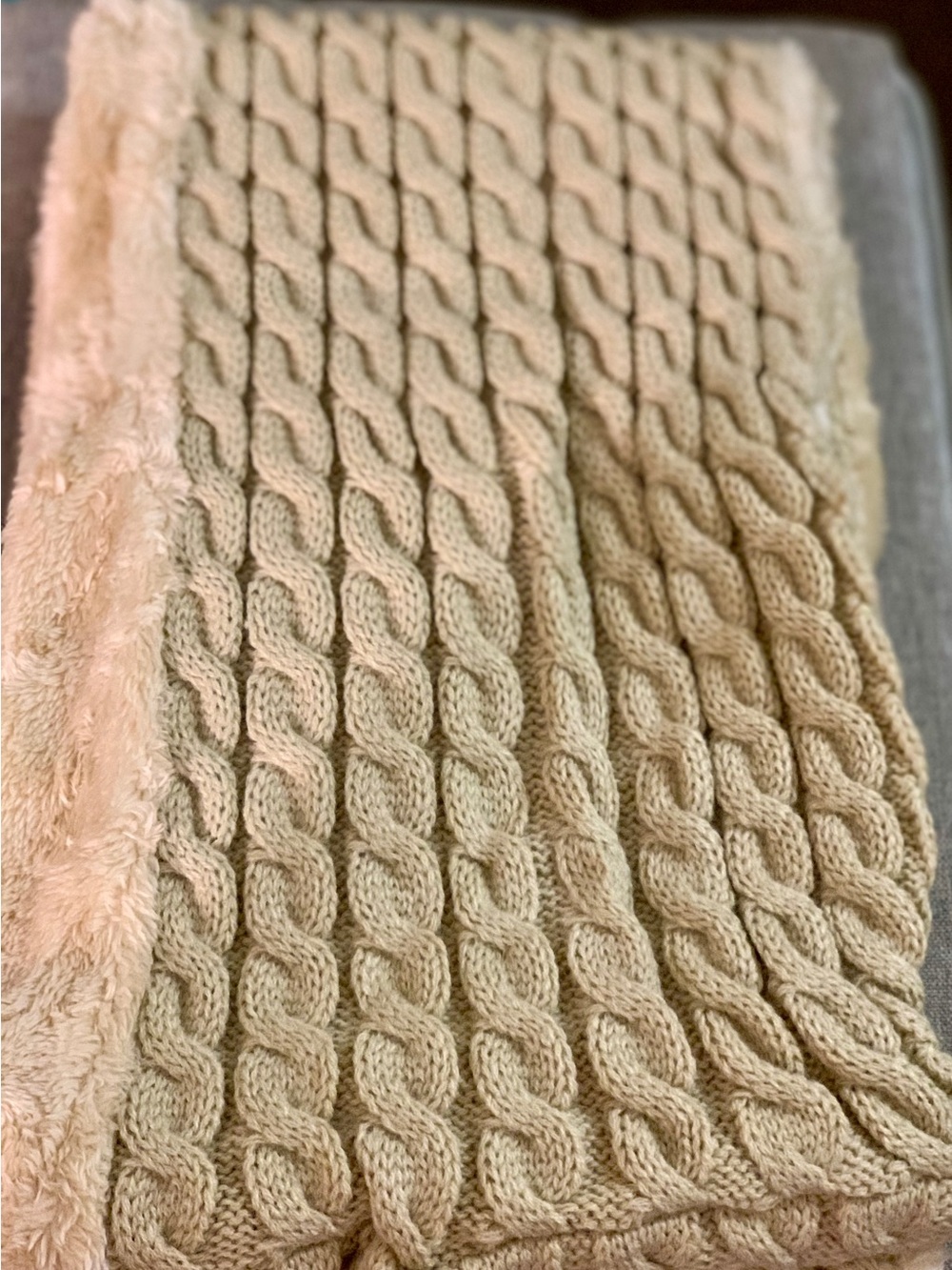 Cozy Cable Knit Fleece / Sherpa Lined Infinity Scarf in Oat. Medium weight.
